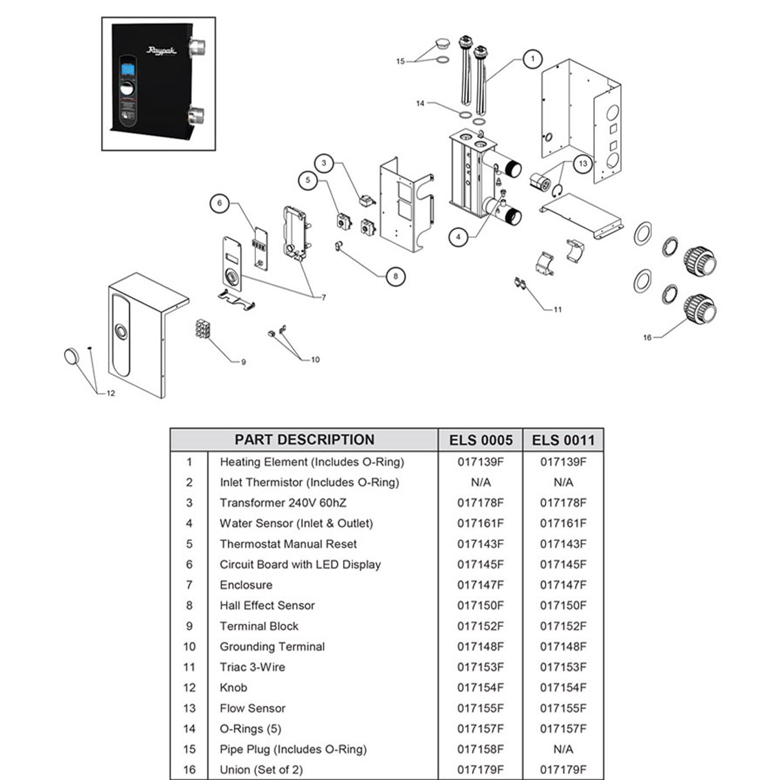 Raypak E3T Models ELS 0005/0011 Electric Htr Rpl Parts